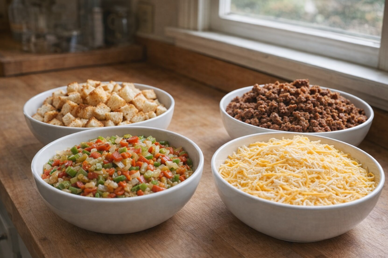 Diced bread cubes, browned sausage crumbles, shredded cheese, and sauteed onions and peppers in separate bowls, ready for assembling the casserole. Natural daylight coming through a kitchen window.